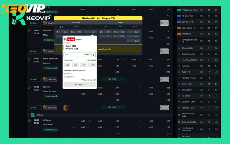 Bảng kèo KEOVIP hiển thị tỷ lệ châu Âu
